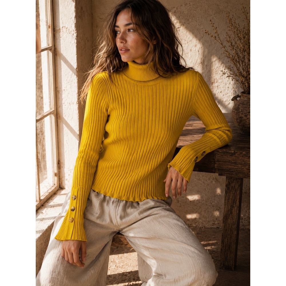 Moth Anthropologie Mustard Yellow Ribbed Turtleneck Sweater Button Cuff Large